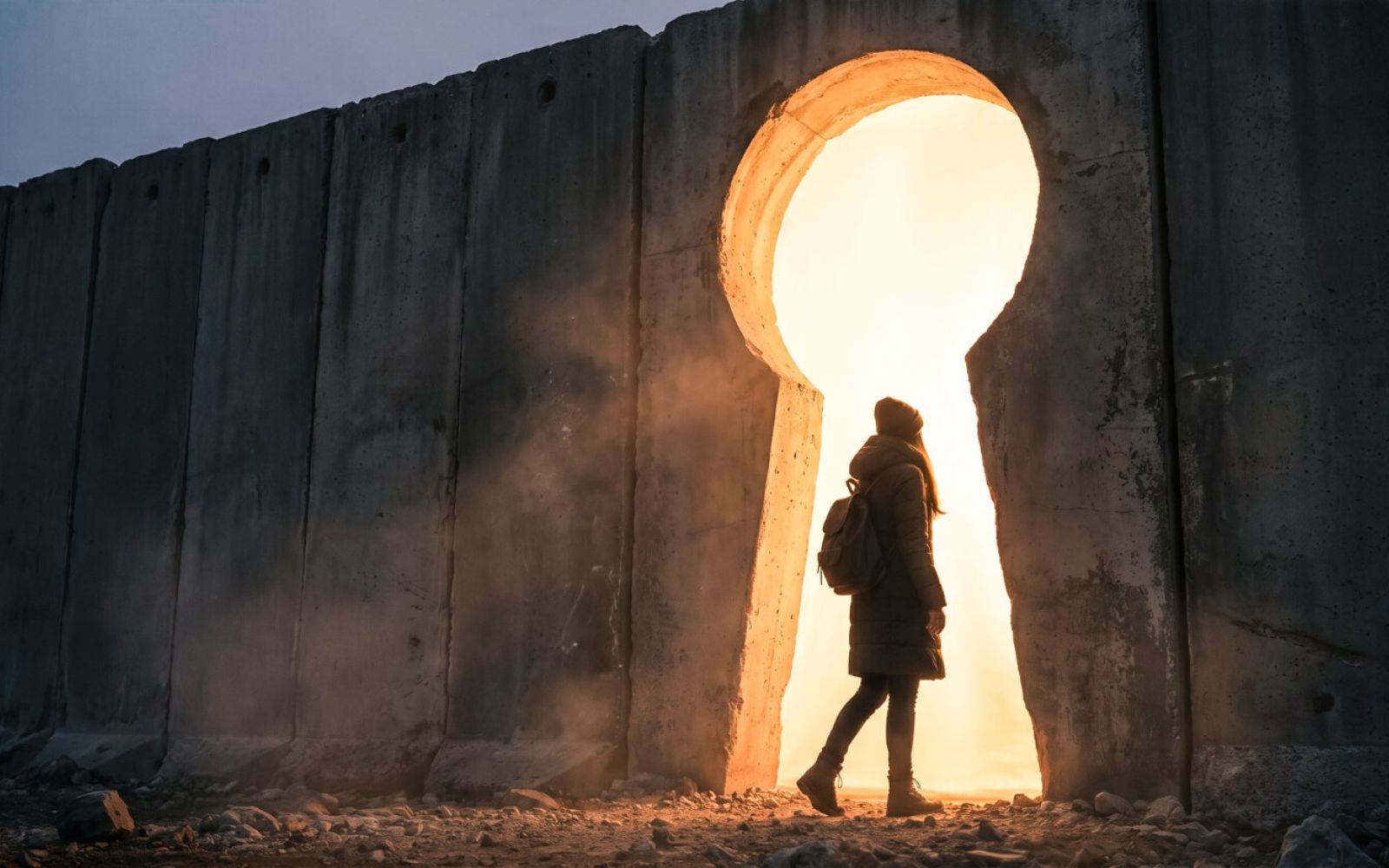 Person with a backpack standing in a keyhole-shaped opening in a tall concrete wall, silhouetted against warm golden sunlight.
